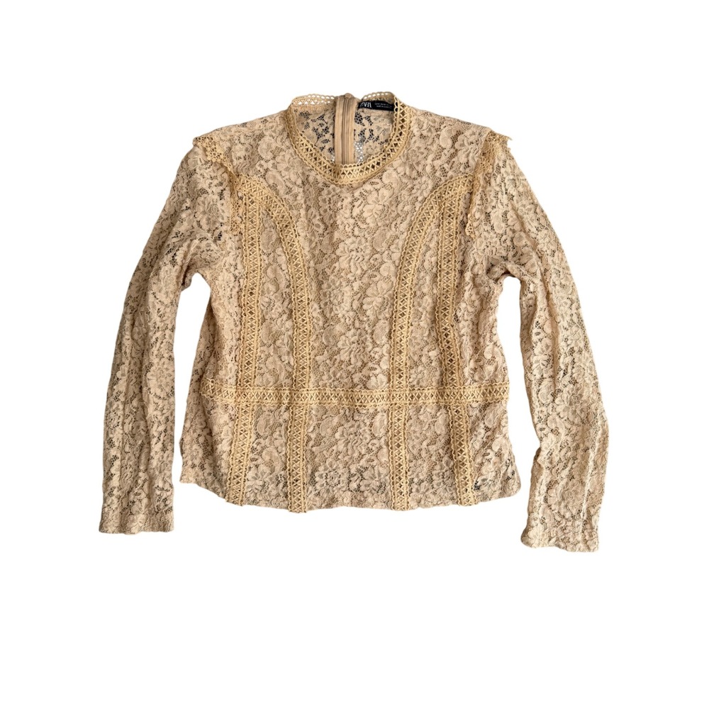 Zara Floral Lace Victorian Blouse Womens M Beige Cream Boho Cottage Romantic Top